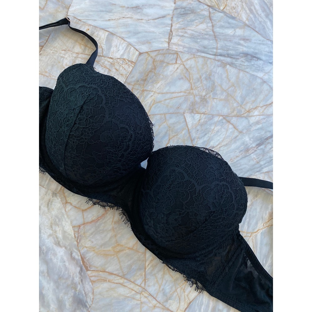 Victoria's Secret Black Floral Lace Push-Up Bra Eyelash Trim Rose Gold Hardware